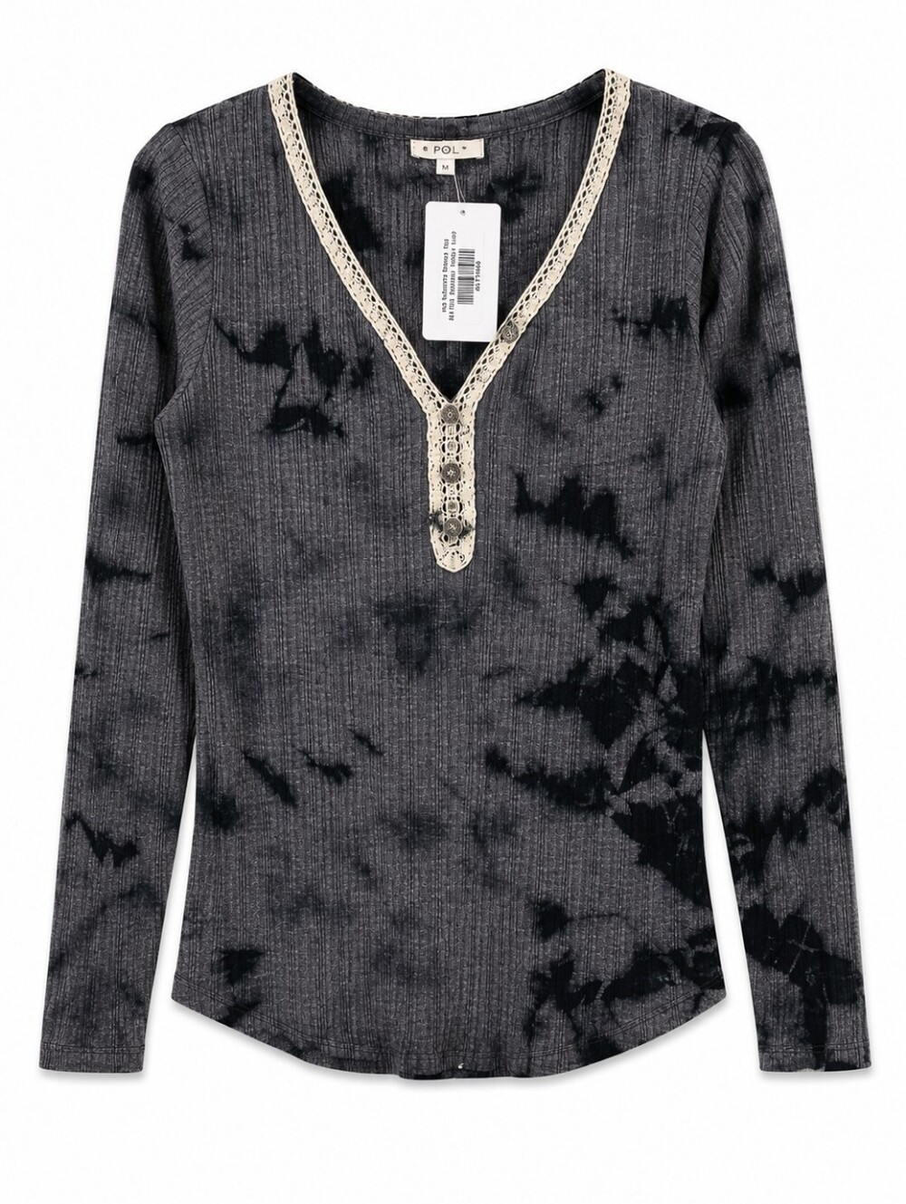 POL Ink Splash Water Top Medium Gray Black Tie Dye Lace Trim Ribbed Henley Boho